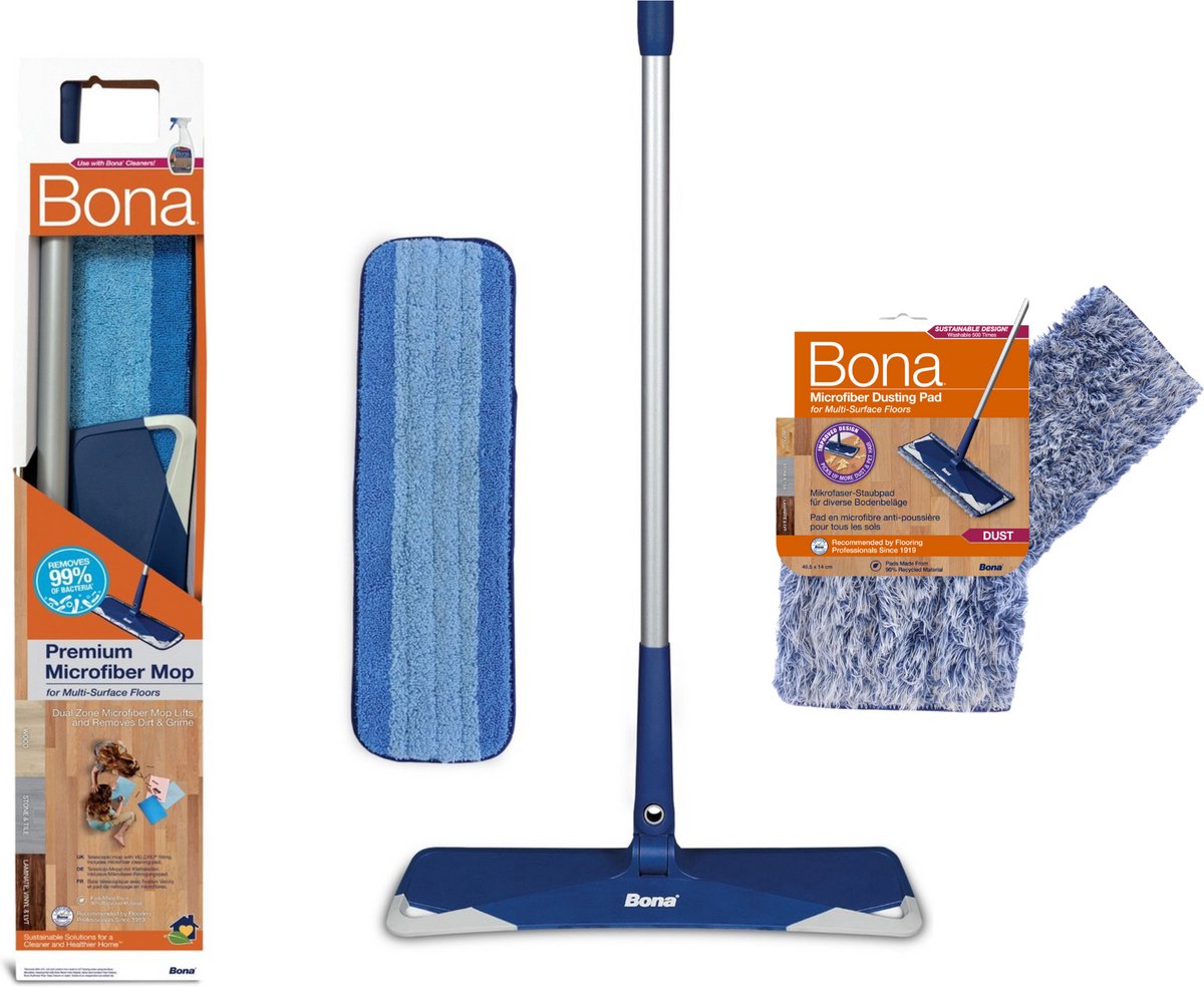 Bona Premium Microvezel Vloer Mop - Vloerwisser - In Hoogte Verstelbaar - Inclusief Microvezel Doek en Stofpad - 42 CM
