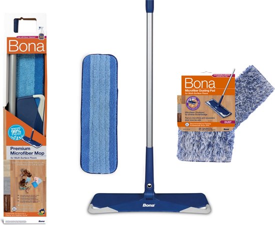 Ensemble Bona Premium Microfiber Mop avec serpillière, lingette séparée et tampon dépoussiérant. La serpillière est réglable en hauteur et présente des accents bleus et blancs.