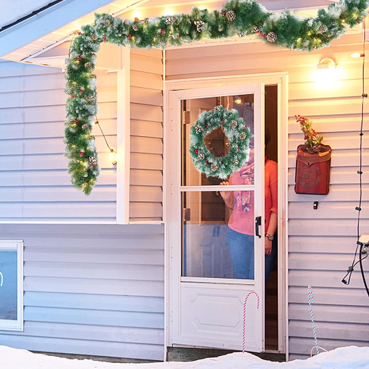 Aufun 5M Kerst guirlande spar guirlande met verlichting Kerstdecoratie guirlande diverse vormen buiten en binnen decoratie voor kerst trap (met lichtslingers, 500cm witte sneeuw) – foto 4