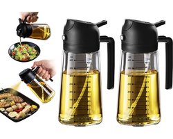 2-in-1 Olijfolie Sprayer - 470 ML - Glas - Olijfolie Fles met Giet- en Sprayfunctie - Olieverstuiver - Olie Pomp Cooking & Bakspray - Navulbaar Olie Glas - BBQ Accesoires - Airfryer - BPA-vrij - Voor Keuken, Barbecue, Salades - 2Stuk