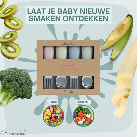 Broemba RVS Kinderbestek - Set de 4 pièces - 2x Cuillère Bébé & Fourchette Bébé - 100% sans BPA Couverts Bébé - Petites Cuillères et Petites Fourchettes - Beige / Blauw