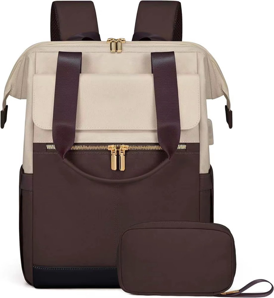 Bruin Crème Oxford Rugzak voor Vrouwen (43x30x20 cm) – Waterdicht, Ruim & Stijlvol | Luiertas, Reistas & Werktas met Extra Clutch (21x15 cm), Kofferband & Anti-diefstal Achtervak