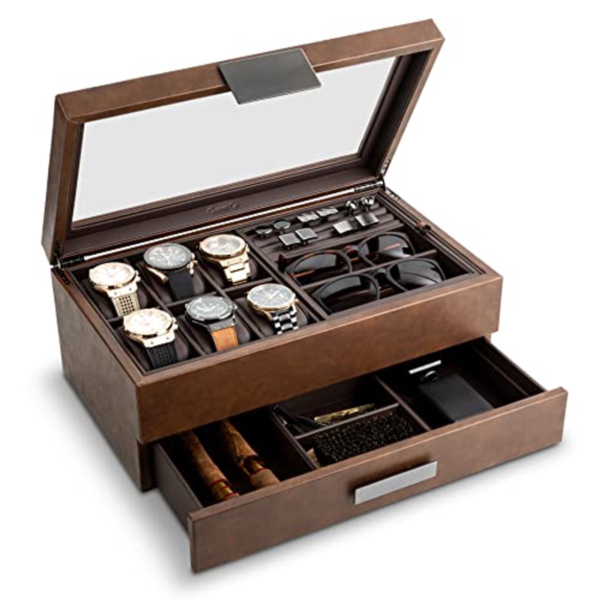 Sieradendoos voor mannen - Geschikt voor 6 horloges, 12 manchetknopen en 2 zonnebrillen - CarbonFiber Organizer met metalen accenten