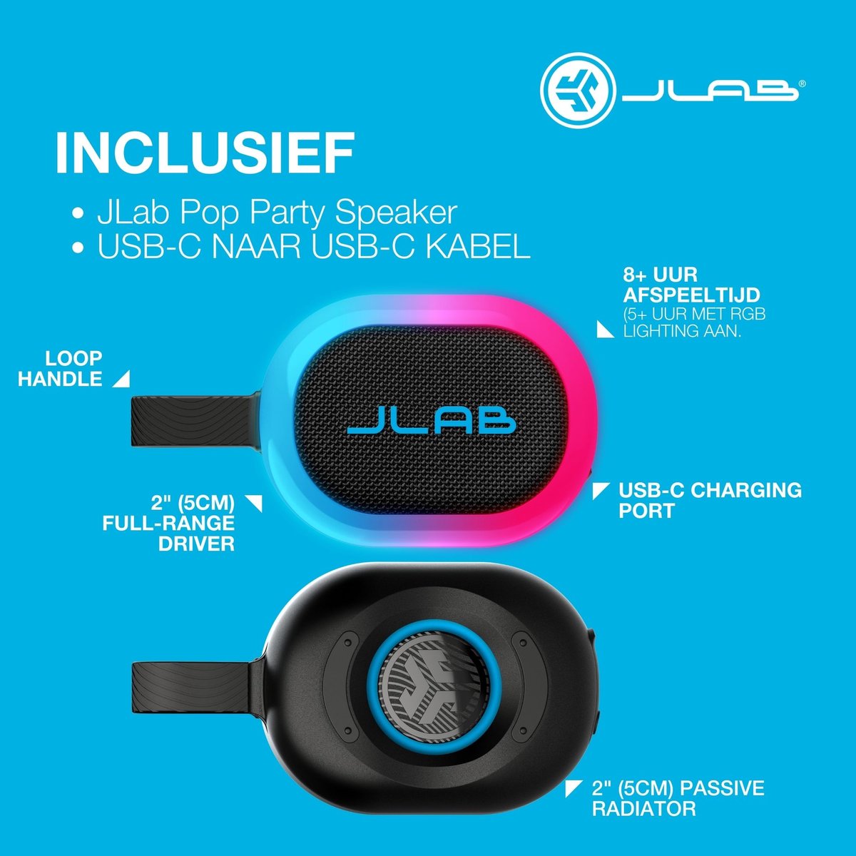 JLab Pop Mini Bluetooth Speaker Draadloos - Draagbare Muziekbox - 8 uur Batterijduur - 5 Watt - IPX6 Waterproof - Multipairing - Instelbare Party Lights - App Equalizer - Zwart – foto 8