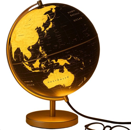 Globe, wereldbol op messing met hout voet