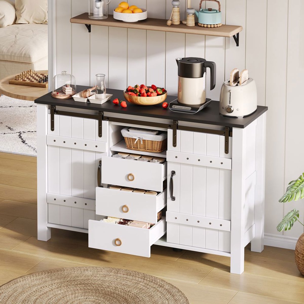 KOMHTOM BLACKCOLORS Buffetkast met opbergruimte, bijzetmeubel van 120 cm breed met schuifdeuren en 3 lades, rustieke houten koffiebarkast, geschikt voor de keuken, eetkamer en woonkamer, wit
