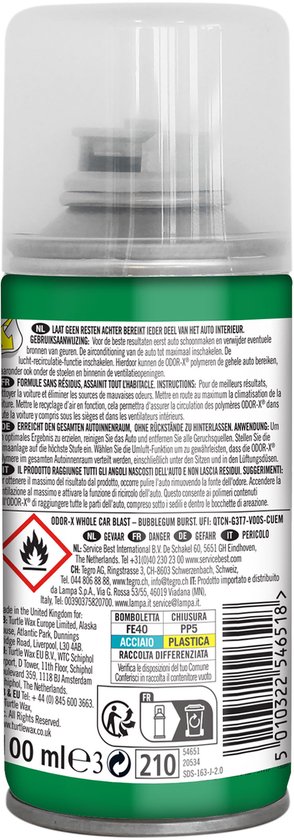 Achterkant van Turtle Wax Odor-X Whole Car Blast met bubblegum geur. Met instructies en ingrediënten.