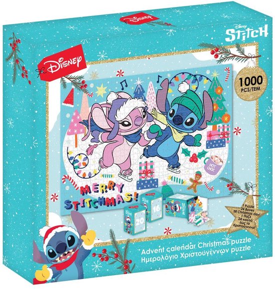 Puzzle de calendrier de l'avent de Noël de 1000 pièces avec Stitch et Angel.