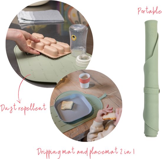 Bébé on the Move - Yummy Mat - Set de table et tapis anti-goutte 2 en 1 - Enroulable et portable - Compatible lave-vaisselle - Anti-poussière - Aspen