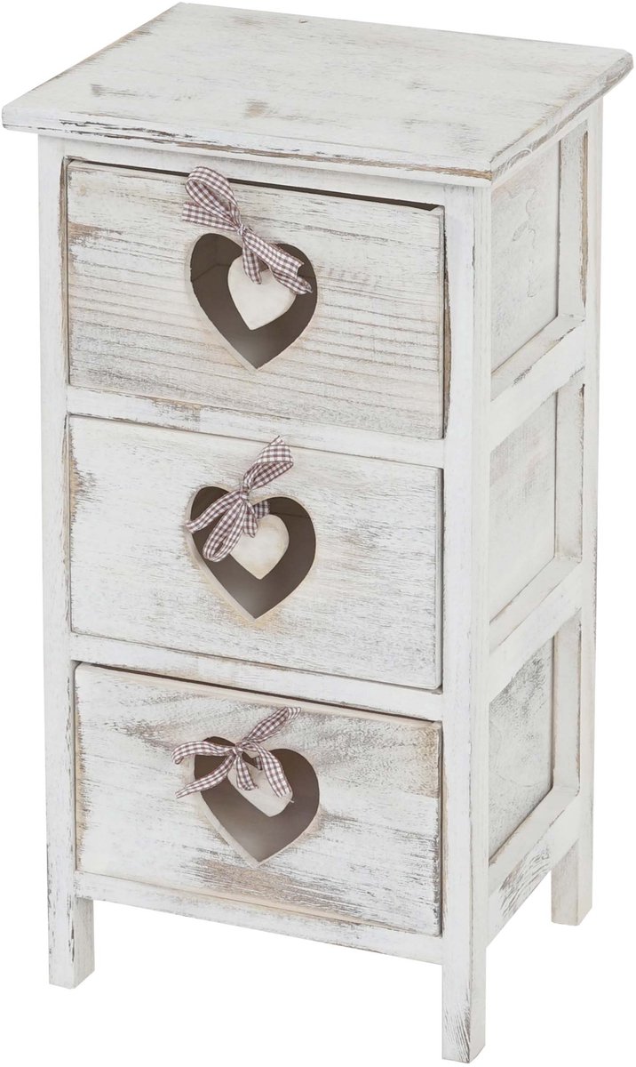 MCW Forli ladekast, kast, 3 laden met hartjes 55x29x25cm, shabby look, vintage ~ wit