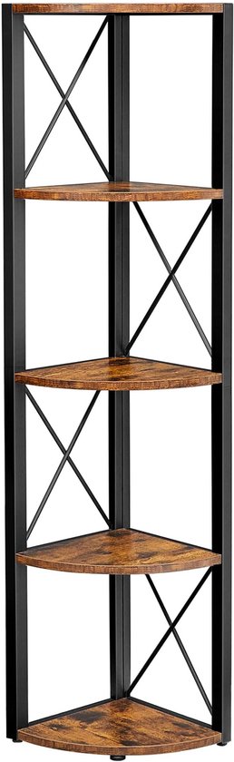 Bruin hoekrek met 5 etages, zwart metalen frame met kruissteunen, geïsoleerd op witte achtergrond.