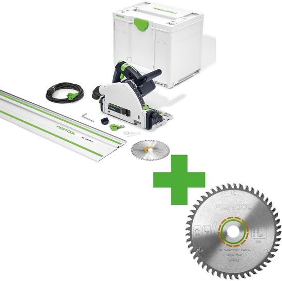 Ensemble de scie circulaire Festool avec systainer, rail de guidage, une lame de scie supplémentaire et un signe plus vert.