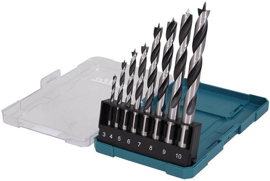 Set van 8 houtboren met maten 3-10mm, in een turquoise koffer.