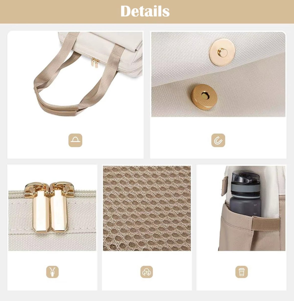 Beige Crème Oxford Rugzak voor Vrouwen (43x30x20 cm) – Waterdicht, Ruim & Stijlvol | Luiertas, Reistas & Werktas met Extra Clutch (21x15 cm), Kofferband & Anti-diefstal Achtervak – foto 7
