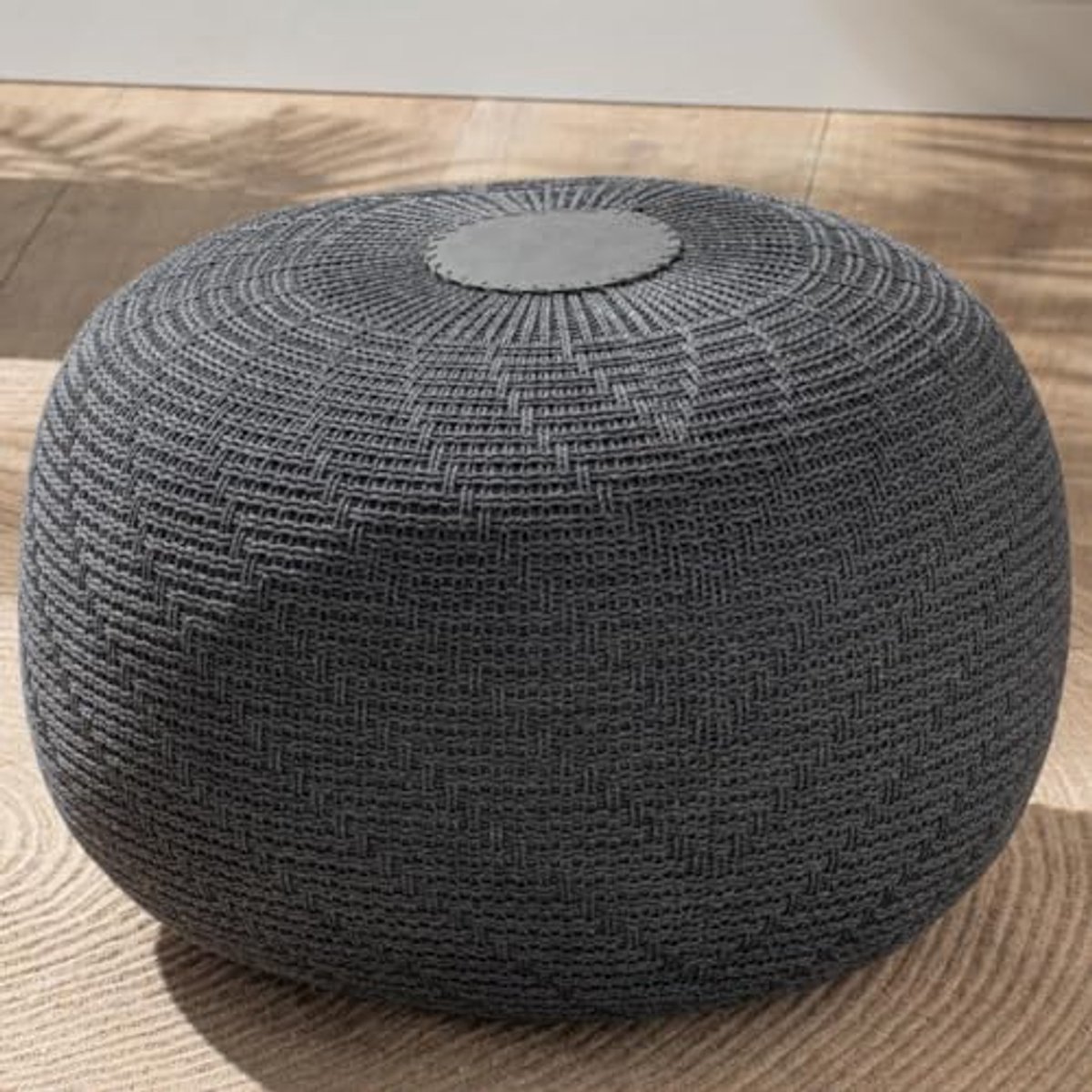 Ronde Gebreide Poef - Boho Zitkussen voor Binnen en Buiten - 37 x 50 cm - Antraciet