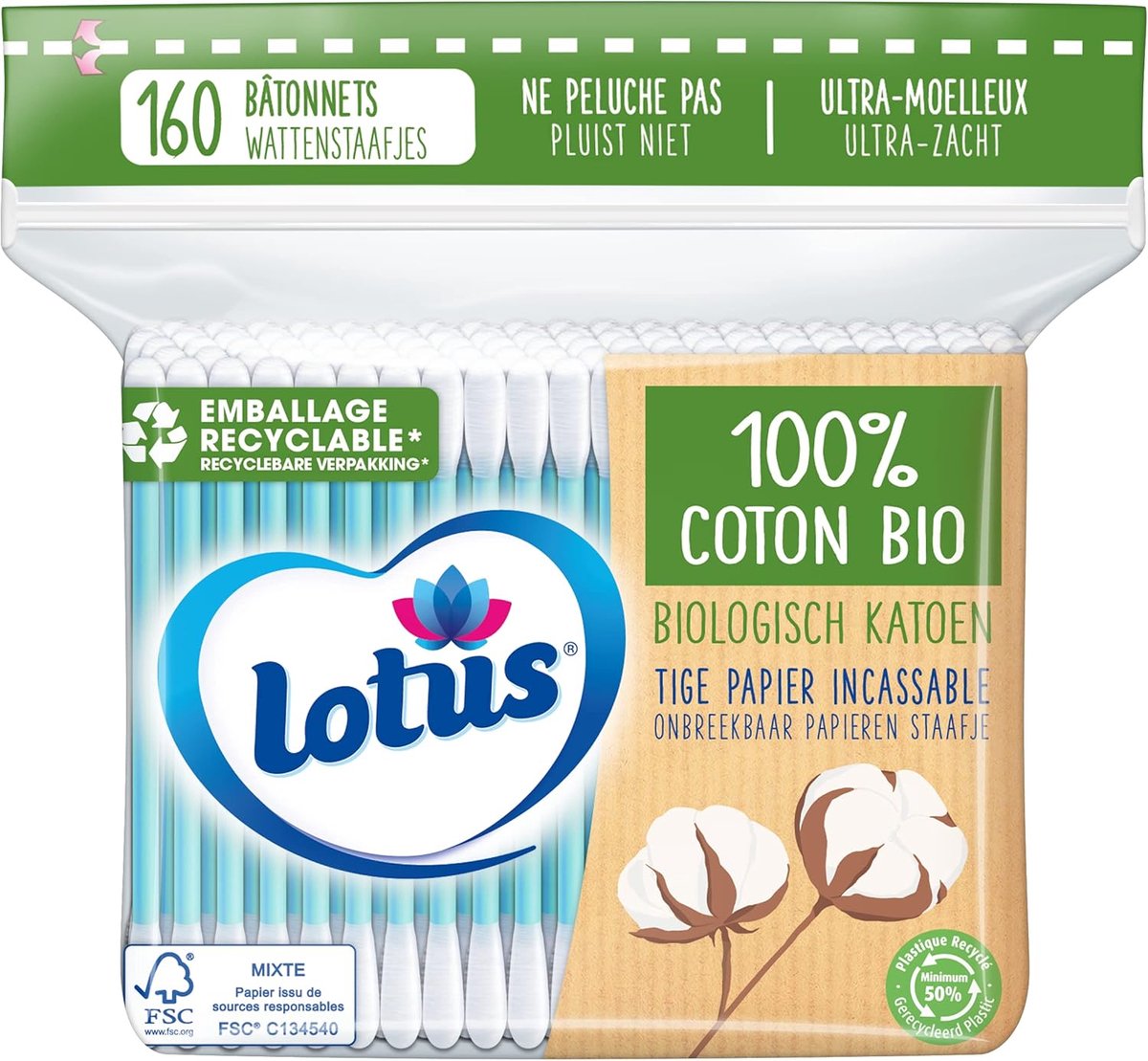 Lotus Biologische Wattenstaafjes – 160 Stuks – Roze – Duurzame Katoenen Sticks van Biologisch Katoen & Papier