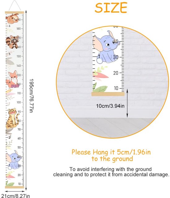 Kinder Lengtemeet - Dierentuin Groeimeter voor aan de Muur - Decoratieve Groeichart voor Baby's en Kinderen - Voor Ouders - Groeimeter - Dierentuin Print - 20 x 100 cm - 1 Stuk — afbeelding 3