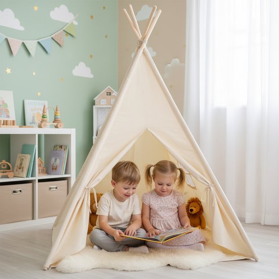 Sunny Vera Tipi Tent Crème voor kinderen – Wigwam Speeltent met raam van katoen – Tipi tent kinderen met Vloermat – 110x110x160cm – Stokken van hout