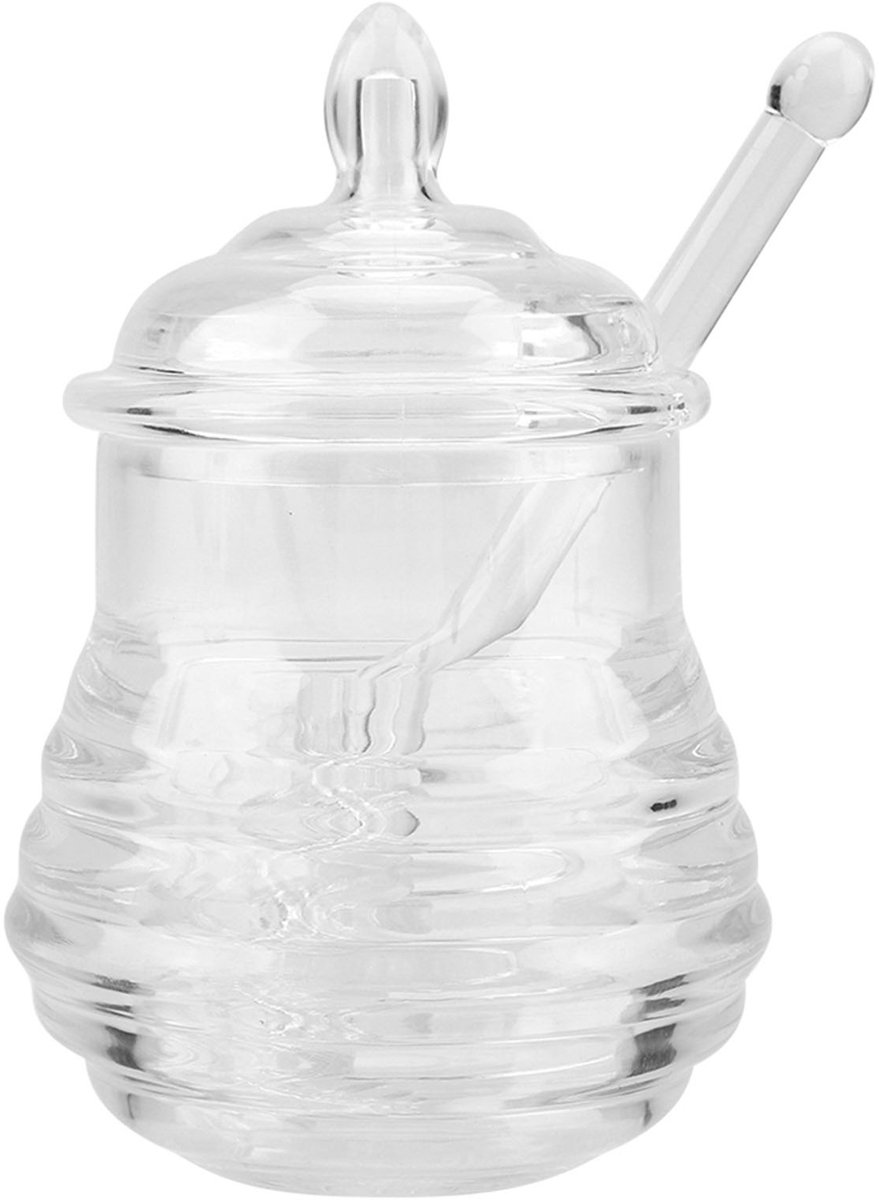 QTTVBTNA -Honingpot met Dipper – 245 ml Glazen Honingdispenser in Bijenkorfdesign – Transparante Honingpot voor Keuken, Ontbijttafel, Thee & Bakken – Handige Honingcontainer voor Huishoudelijk Gebruik