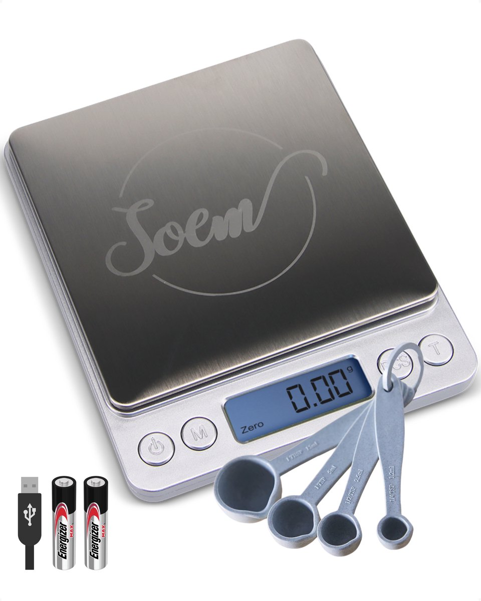 SOEM® Keukenweegschaal Digitaal met Kom en Blauwe maatlepel set – Compacte Precisie Weegschaal 0.1 gram – Koffie Weegschaal – RVS Weegschaal – Tarra functie