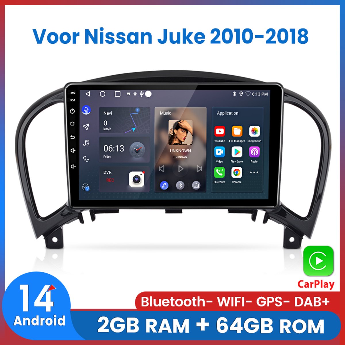 Awesafe Autoradio - Geschikt Voor Nissan Juke 2010 t/m 2018 - RAM 2GB+ROM 64GB - Android 14 - Draadloos Apple Carplay & Android Auto - Bluetooth & Wifi GPS Navigatie