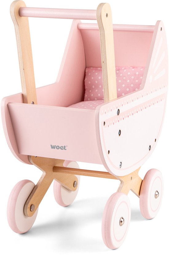 Woet® houten poppenwagen – inclusief dekbedje – roze – 50cm
