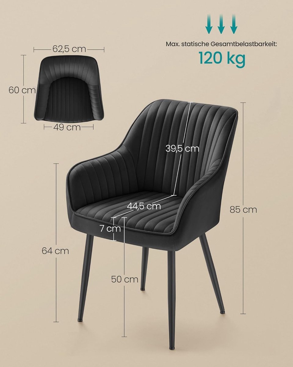 Eetkamerstoel Set van 6 – Ganeey Luxe Fluwelen Stoelen met Armleuningen – Inktzwart – Comfortabele Gestoffeerde Fauteuils – Ergonomische Loungestoelen – Moderne Keukenstoelen – Stapelbaar & Ruimtebesparend – Tot 120 kg Draagkracht
