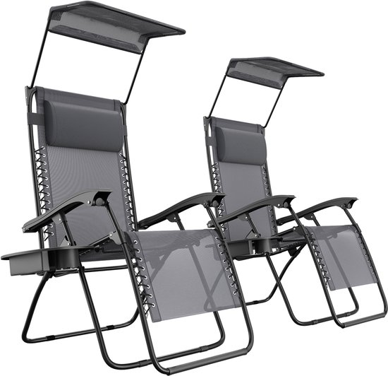 Chaises de jardin pliables LifeGoods - avec auvent - parasol réglable - 2 pièces - réglable 30°-90° - métal - gris foncé