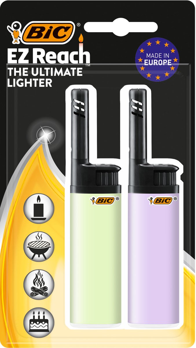 BIC EZ Reach Utility - Aanstekers - Elektrisch - Gas - Kindveilig - Aansteker - Geschikt voor BBQ'S en Kaarsen - Lange Hals - 2 Stuks