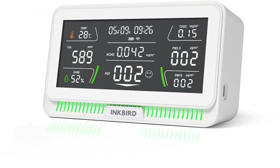 INKBIRD Draadloze 10-in-1 Luchtkwaliteitsmeter – CO₂, PM2.5, HCHO, TVOC – App & Display – Model IAQM-129-W White 2025