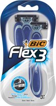 Verpakking van drie BIC Flex 3 scheerapparaten, met blauwe en witte details en logo.