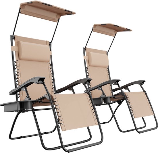 LifeGoods opvouwbare tuinstoelen – zonnescherm – 2 stuks – beige