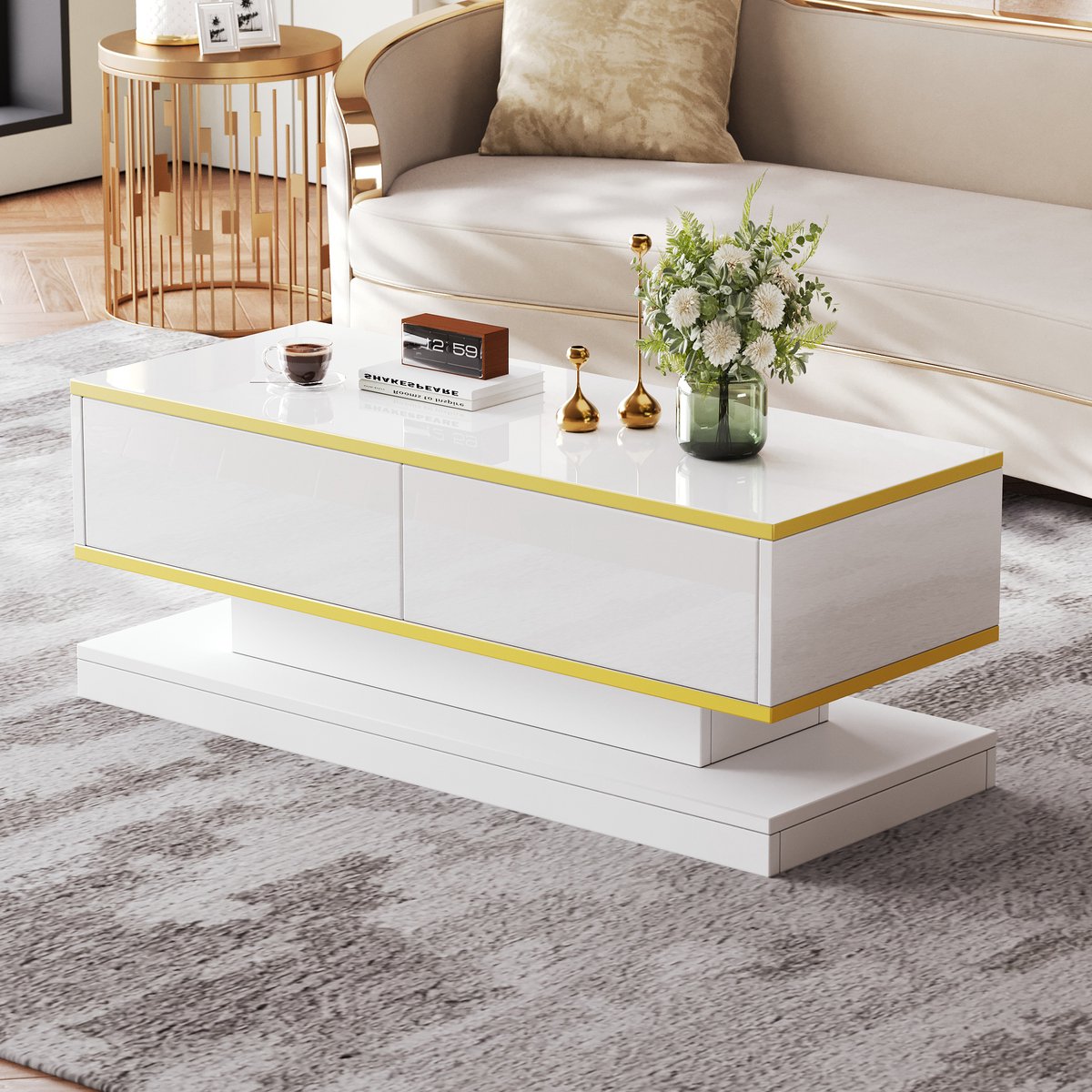 HAUSS SPOLE Salontafels - Koffietafel Hoogglans Met 2 Laden En Gouden Rand - 100x50x38 cm - Spaanplaat - Wit