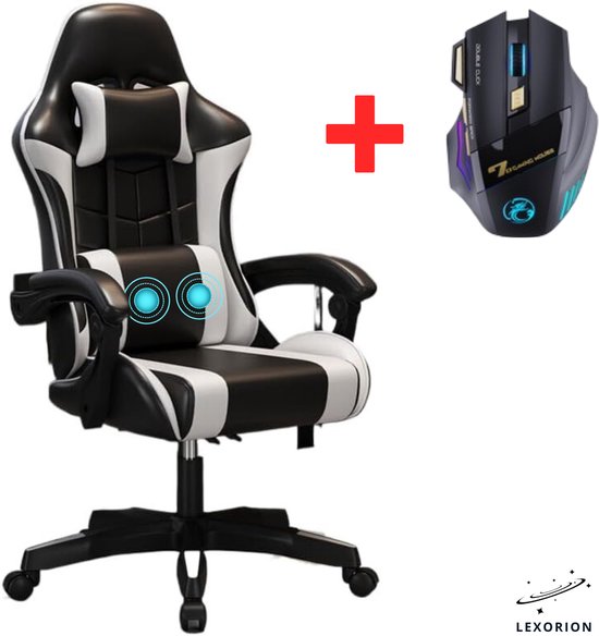 Lexorion Gaming Stoel – Ergonomische Gaming Chair – Inclusief Gratis RGB Gamingmuis Cadeau – Verstelbaar – Lederen Gamestoel – 136 kg – Wit– Bureaustoel