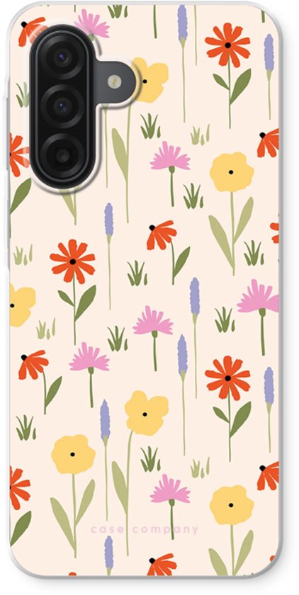 Telefoonhoesje met lichtgekleurde achtergrond en een patroon van kleine, kleurrijke bloemen en planten.