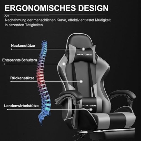 Ergonomische Gaming Stoel met Voetensteun en Hoofdsteun - Draaistoel in Grijs — afbeelding 5