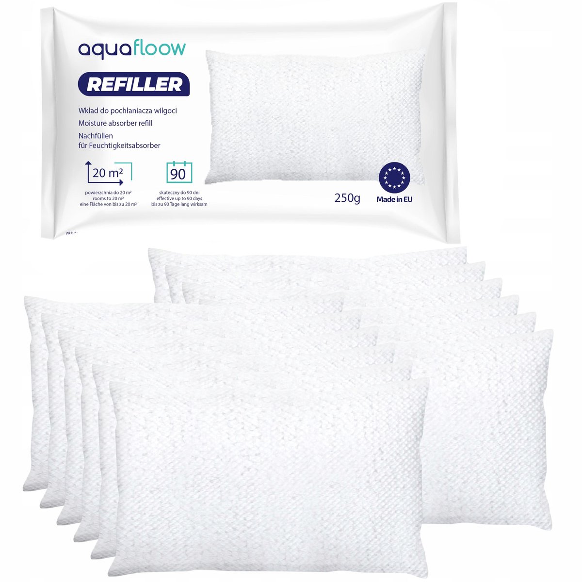 Aquafloow, 12x Navulzak granulaat 250 g, Navulverpakking voor ruimte ontvochtiger, voor ru