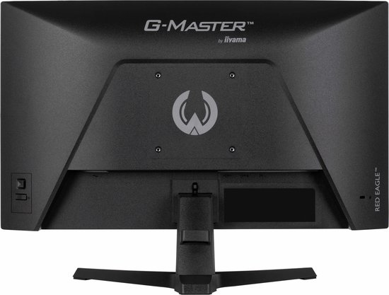 Achterkant van een zwarte monitor met het G-MASTER en iiyama logo, een uil-logo en 'RED EAGLE' tekst.