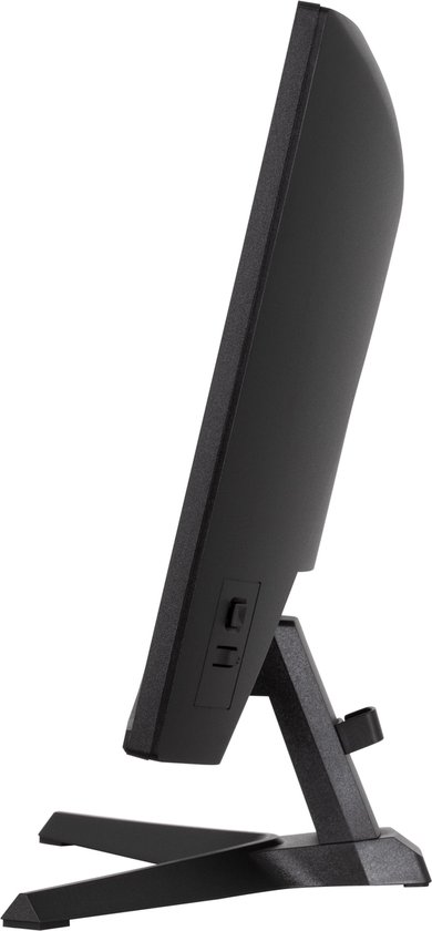 Zijprofiel van een zwarte monitor op een standaard, met aan de zijkant een aan/uit-knop en aansluitingen.