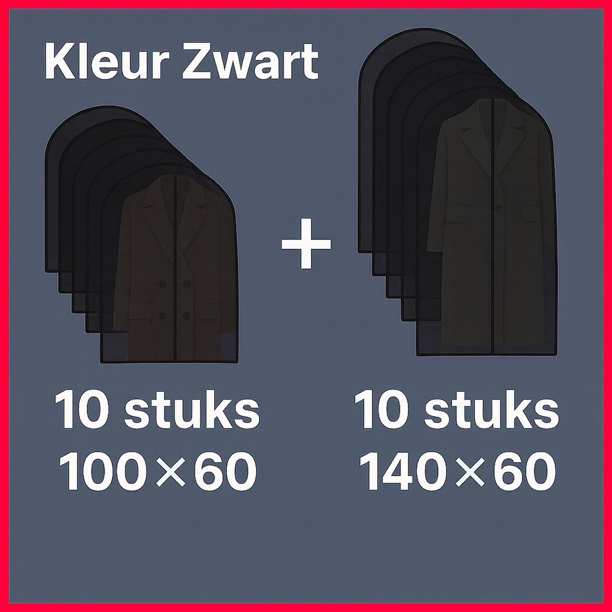 Kledinghoes - Opbergtas - 20 Stuks Zwart transparant - 10 stuks 60x140cm en 10 stuks 60x100cm - Kledingzak - Kledingzakken met rits - Waterbestendig