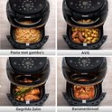 Vier afbeeldingen van de Philips Airfryer met daarin: pasta met garnalen, AVG, gegrilde zalm, en bananenbrood.
