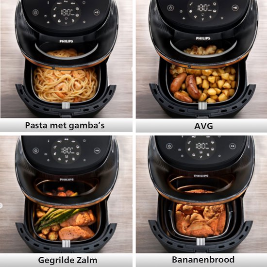 Vier afbeeldingen van de Philips Airfryer met daarin: pasta met garnalen, AVG, gegrilde zalm, en bananenbrood.