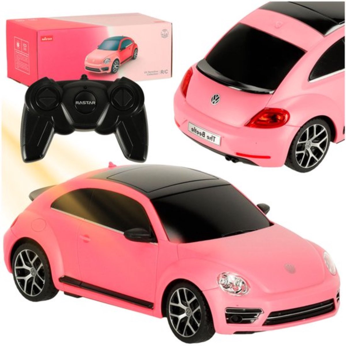 Rastar - Volkswagen Kever 1:24 UV Roze RC Auto – Bestuurbare Auto - Oplaadbare Radiografische Kever met UV-Kleureneffect – Uniek Design en Realistische Beweging – Ideaal Verzamelmodel en Speelgoedauto – Voor Jong en Oud – Met Ebook
