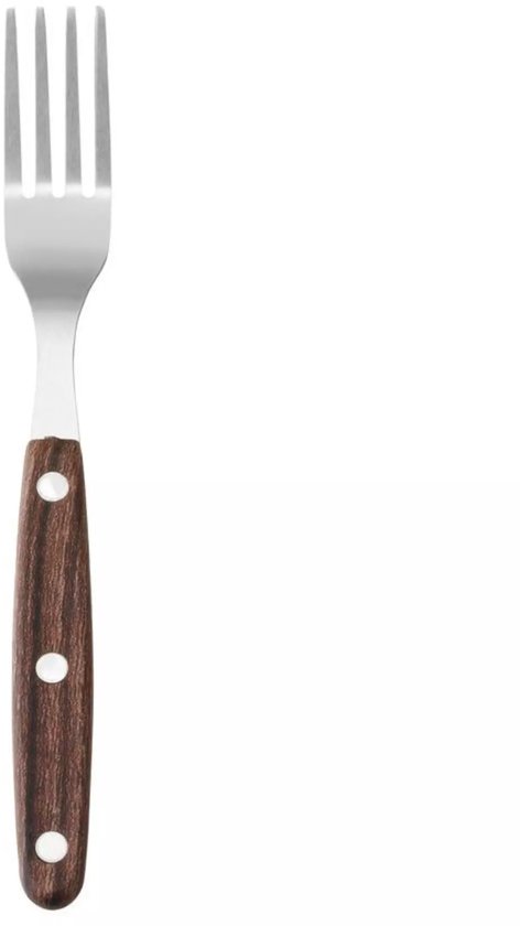 Een roestvrijstalen steakvork met bruin ABS-handvat met drie klinknagels.