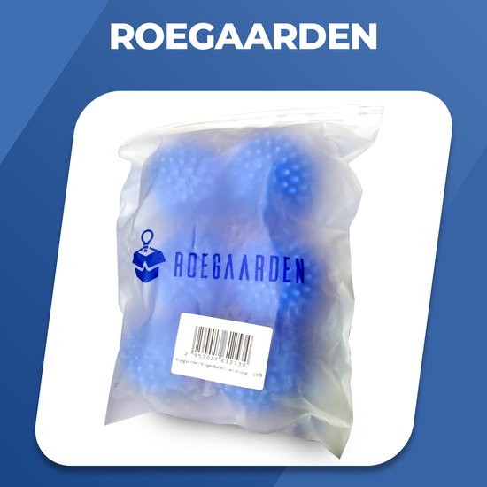 Un sac en plastique contenant des boules de séchage bleues et le logo Roegaarden.
