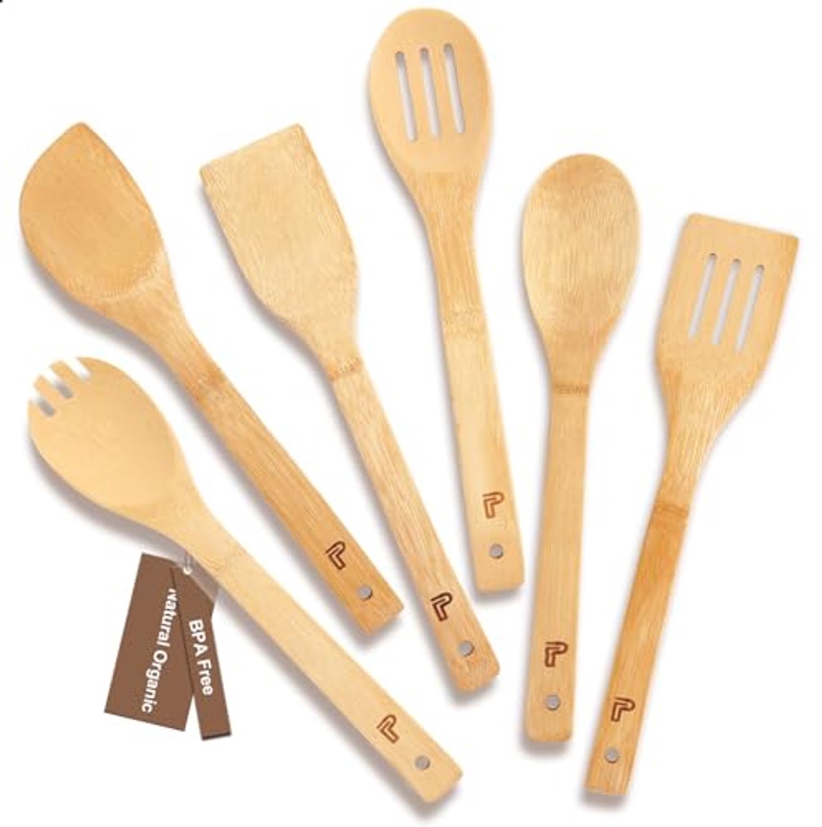 Houten Kooklepels Set - 6-delige Bamboe Keukengerei, Natuurlijk en Duurzaam