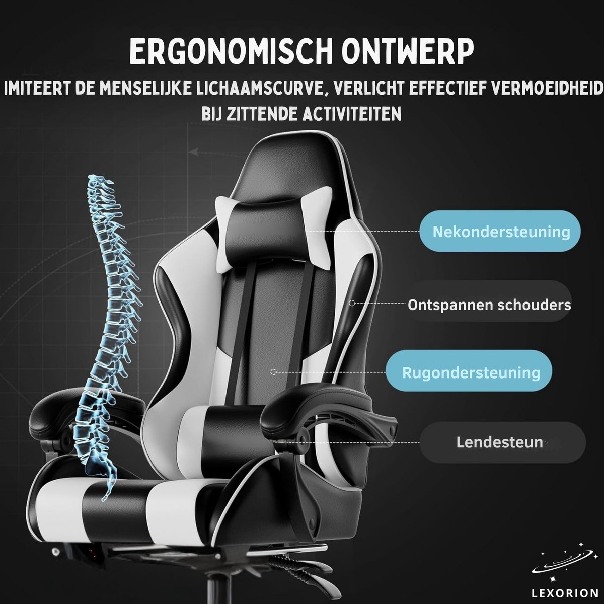 Lexorion Ergonomische Gaming Stoel met Gratis RGB Muis - Wit - afbeelding 3