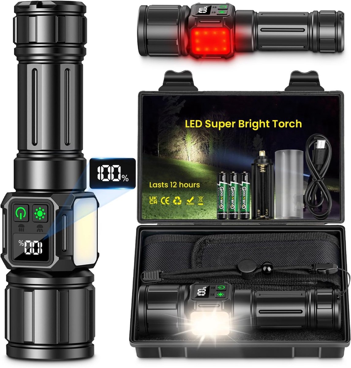 Lzwintrading Zaklamp Led Oplaadbaar - Militaire Zaklamp - 5000LM - Inclusief 5000mAh Batterij en Opbergkoffer - USB-C Oplaadaport - 9 verlichtingsstanden - Waterproof IP67 - Met COB Verlichting - Geschikt voor buitenkamperen - Zaklamp op Batterijen