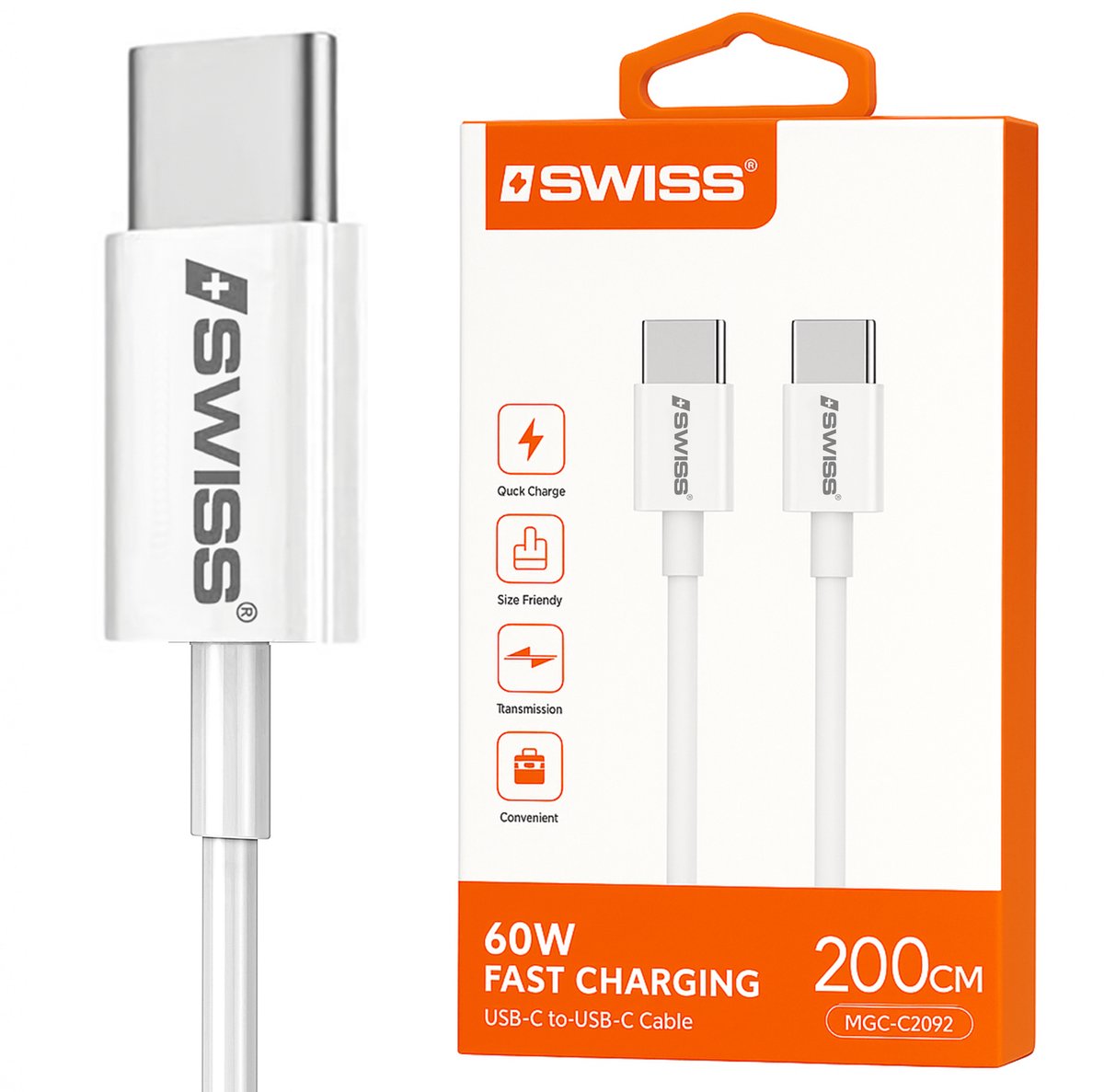 iSwiss USB‑C naar USB‑C Kabel 2 m – 60W Fast Charging & Dataoverdracht – Extra Sterke en Duurzame Oplaadkabel – Voor Laptop, Smartphone & Tablet