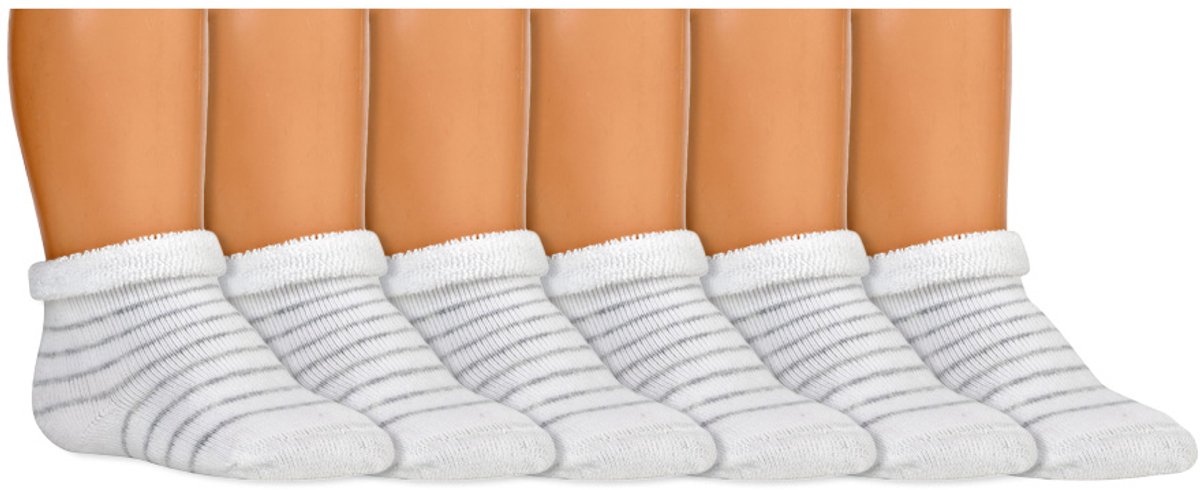 Baby sokken | Biologisch | Badstof | Kleur: Wit Grijs | Patroon: Strepen | Maat: One Size | 6 paar